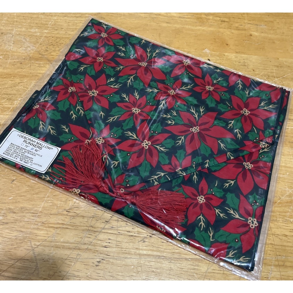 Deborah Mallow Poinsettia Christmas Table Runner Holiday Red Green tassel 12x92"